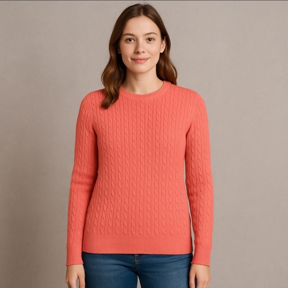 Lands’ End Cable Knit Crewneck Sweater Coral Pink Misses L NWT